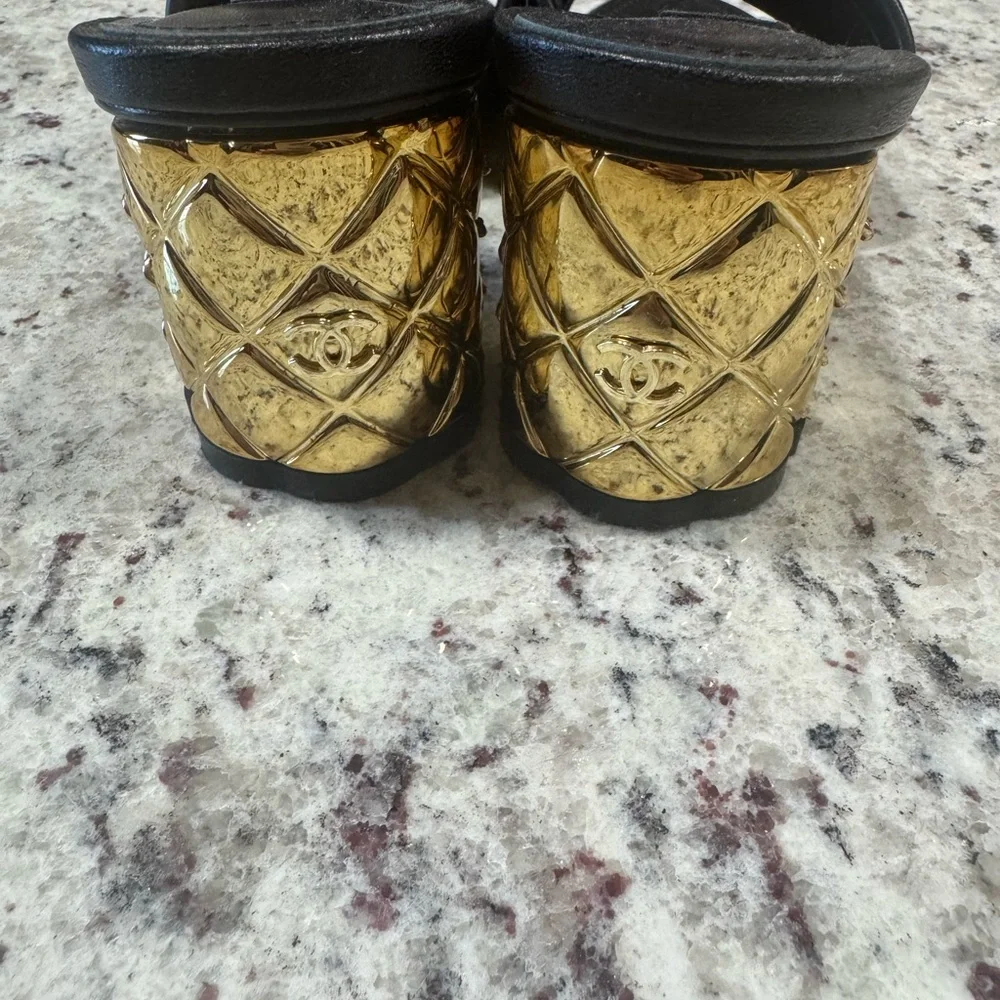 CHANEL Black Leather Slide Mules with Gold CC Logos